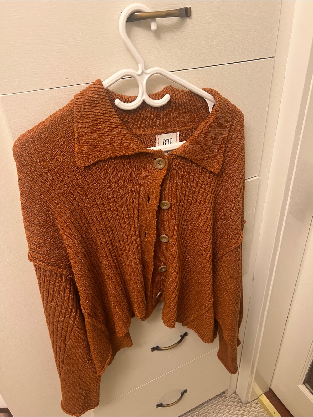 BDG Rust Button-Front Ribbed Collared Cardigan